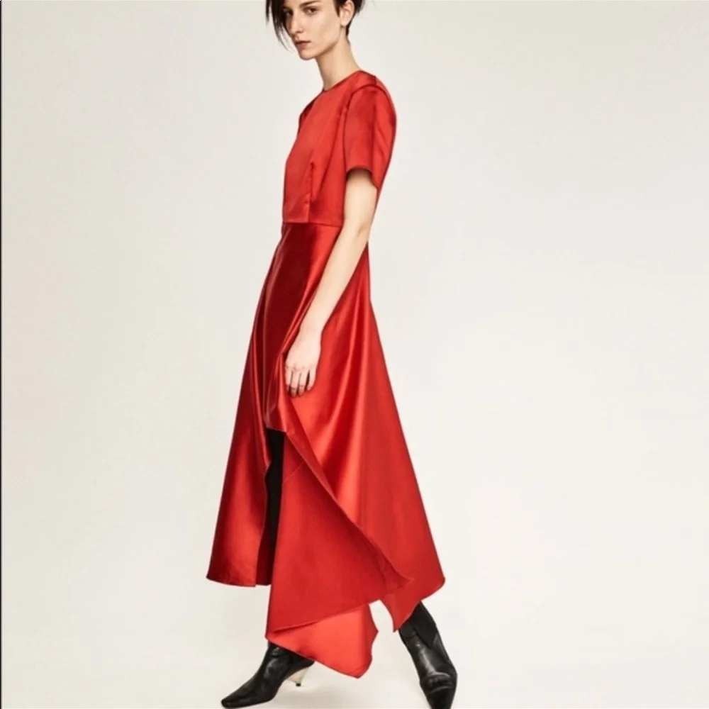 Zara Red Satin Maxi Dress Womens M High Low Asymmetrical Gown Holiday Cocktail